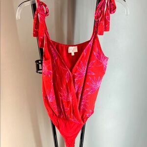 Tied-Shoulder Red Floral V-Neck Bodysuit